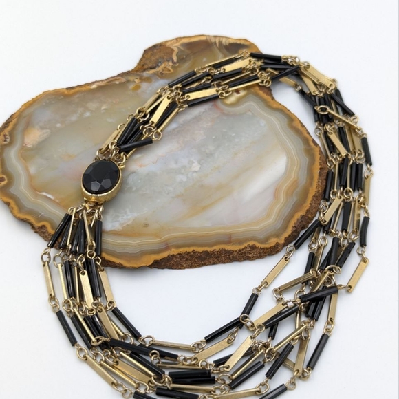 Vintage Black Glass Bugle Bead Multi Strand Gold Tone Chain Necklace 1970s - Picture 5 of 14